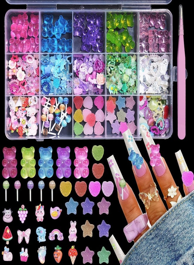 CESUSME 3D Bear Candy Nail Charms, Assorted Color Lollipop Flower Butterfly Chams for Acrylic Nails, Cute Bow Heart Cartoon Nail Art Charms for Nail Art DIY Accessories - Image 1